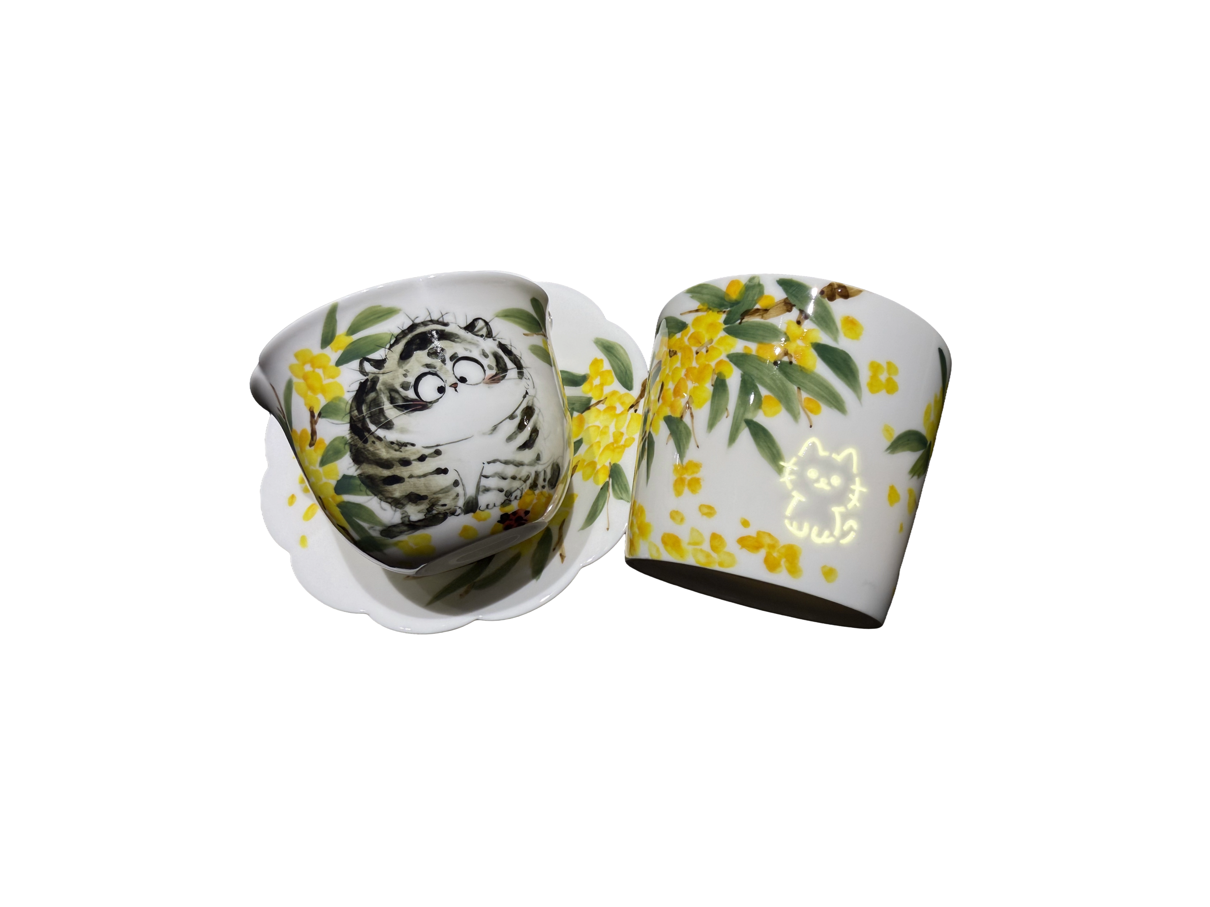 Tasse en porcelaine Mimosa doré avec portrait d’animal peint à la main et soucoupe assortie